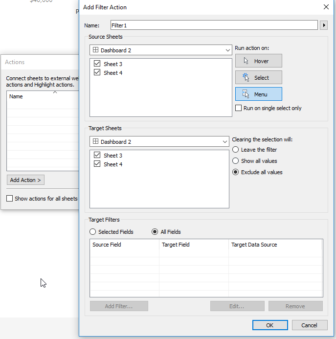 Add Filter Action Dialog Box in Tableau