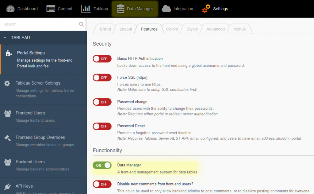Portals for Tableau: Data Manager