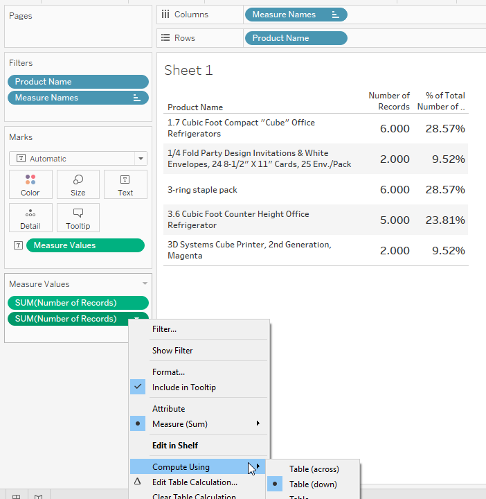 Advance with Assist quick table calculation, percent of total