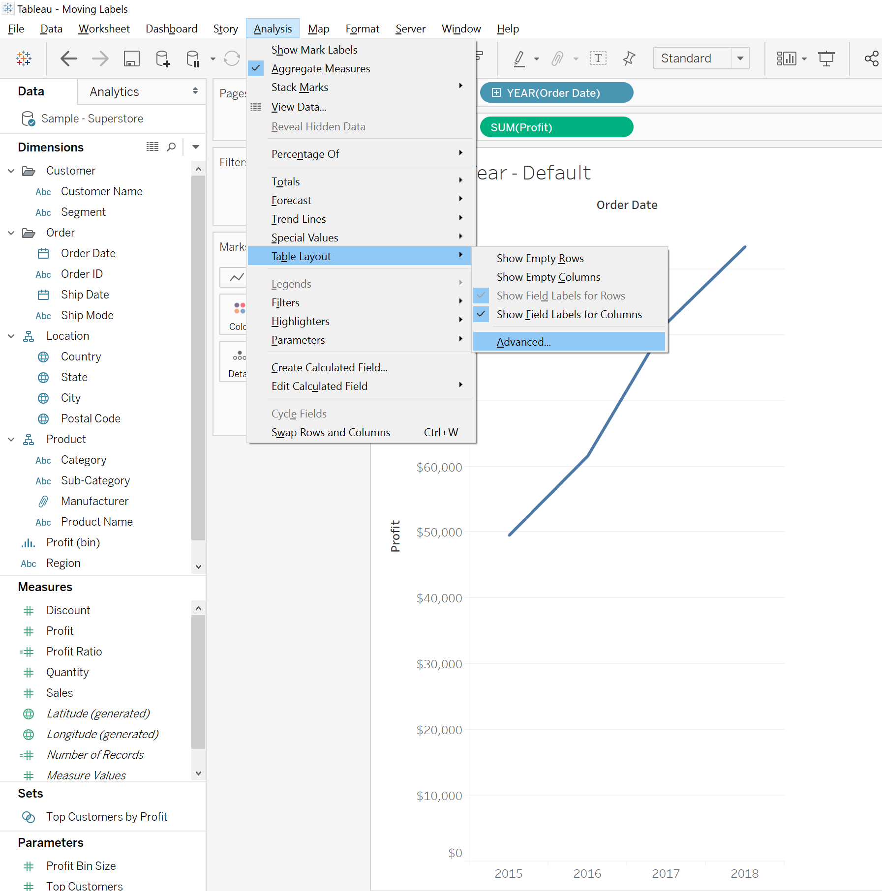 moving headers to the top of view in Tableau