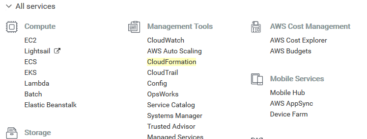 AWS account CloudFormation navigation