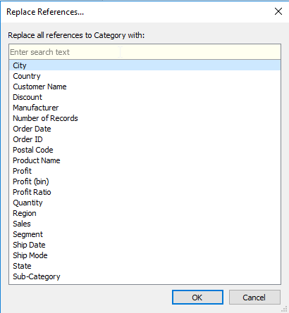replace references menu in Tableau