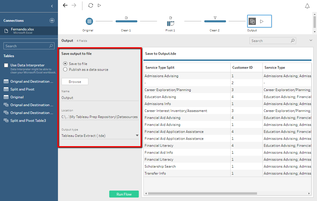 creating an Output step in Tableau Prep