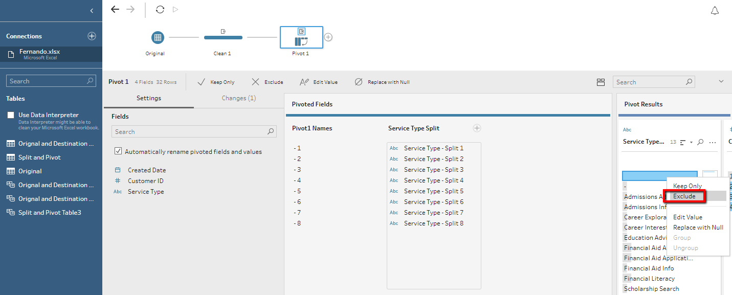 excluding blank values from pivoted column in Tableau Prep