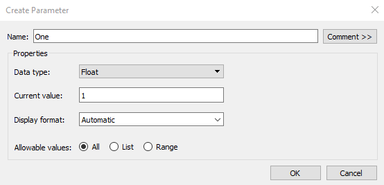 default parameter settings in Tableau