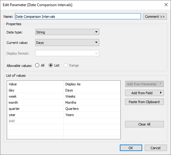 edit parameter date comparison intervals in Tableau