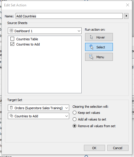 creating a set action in Tableau