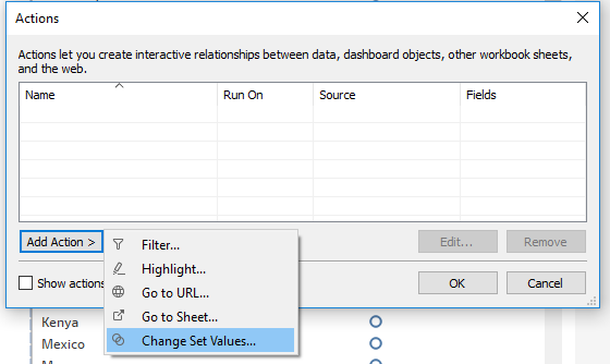 adding a change set values action in Tableau