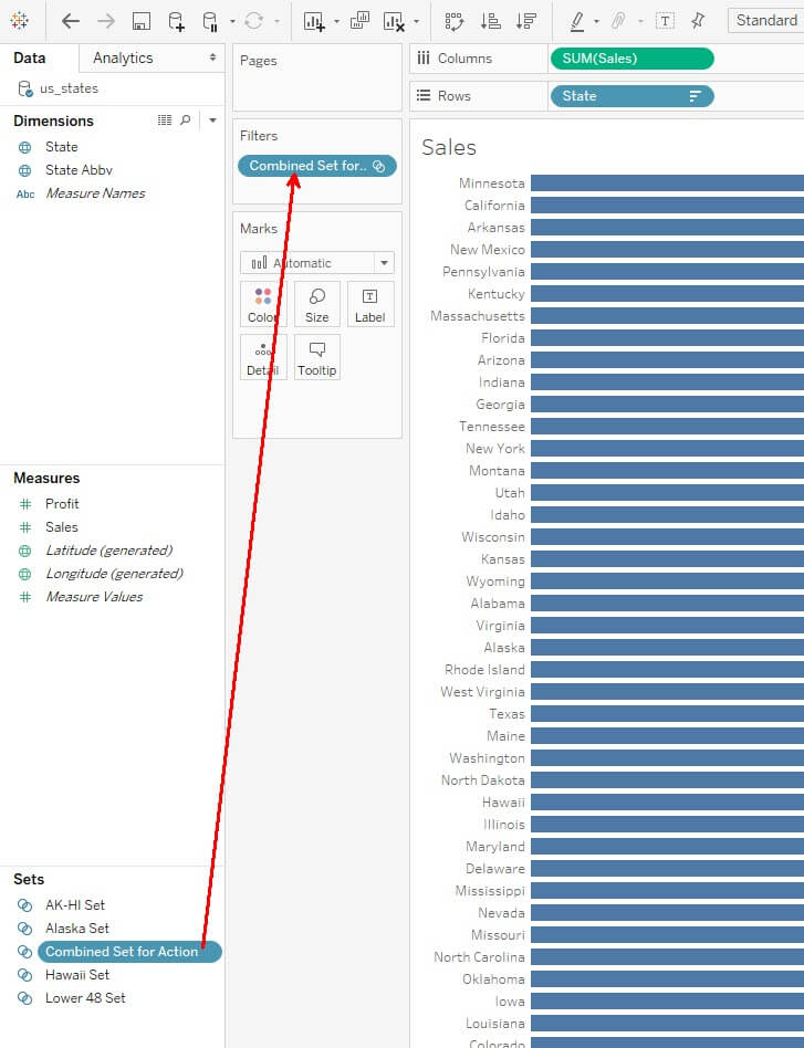 geographic data and set actions in Tableau 