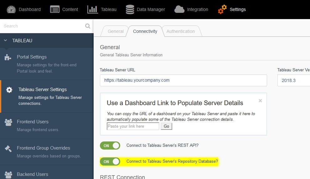 Portals Tableau Server Repository Connection