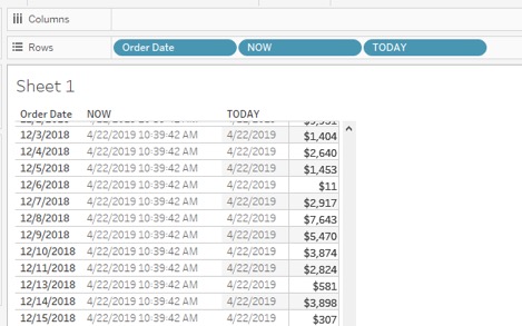 NOW and TODAY functions in Tableau