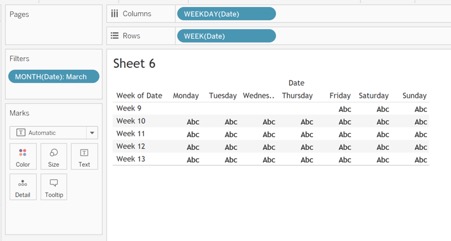 building the calendar worksheet in Tableau