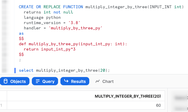 Execute code on Snwoflake worksheet - multiple integer by three