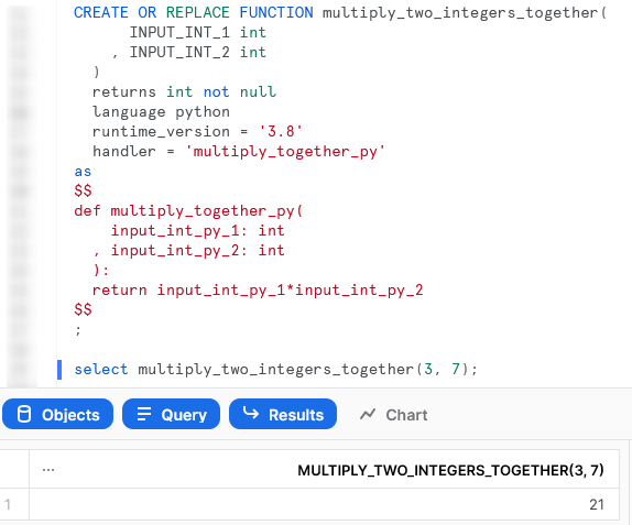 Execute code on Snowflake worksheet - multiply two input integers