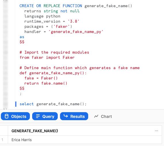 Execute code on Snowflake worksheet - generate a random name