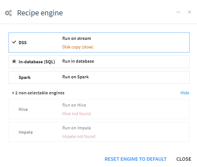 Dataiku Recipe Engine Options
