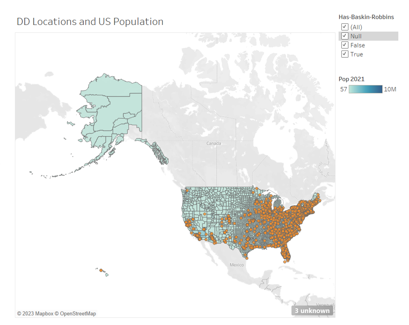 Map data in Tableau showing Dunkin Donuts location data in US