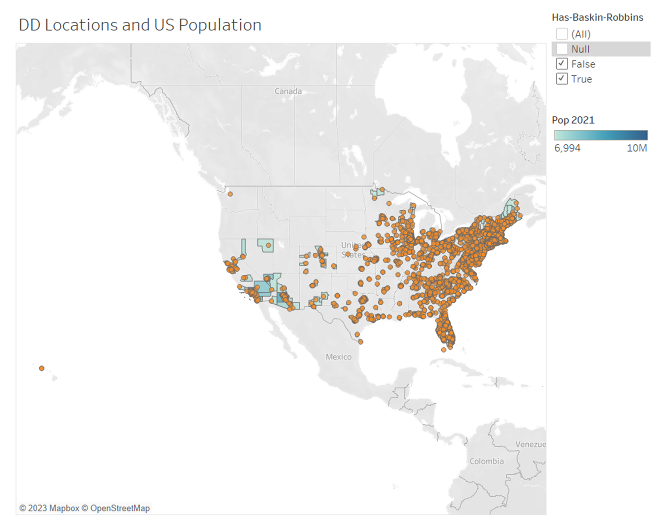 Map data in Tableau showing Dunkin Donuts location data in US minus counties without a DD