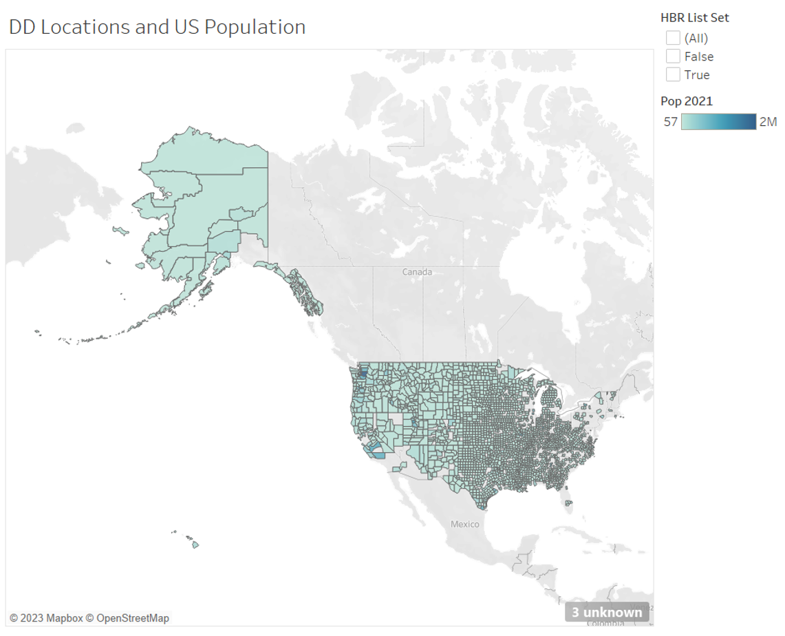 Map filtering DD locations and US population, creating list of counties without a DD