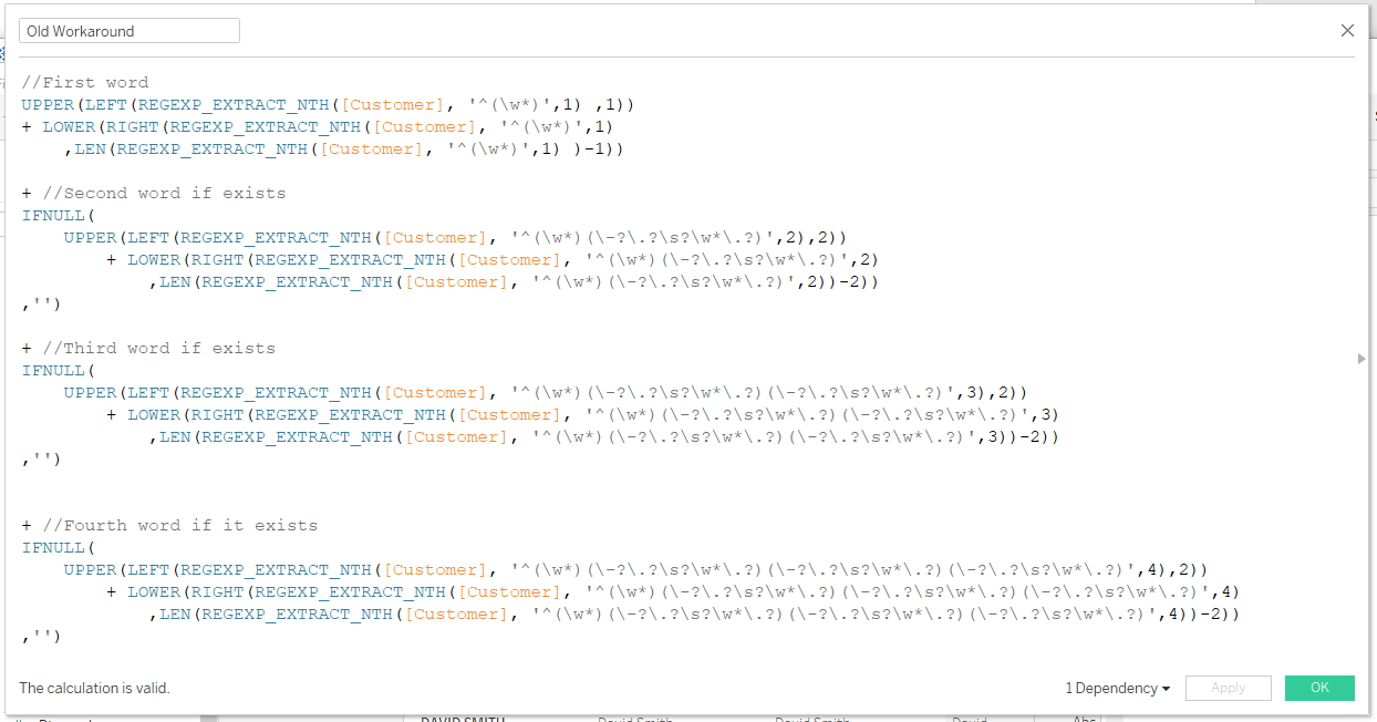 Strings of code in Tableau showing a workaround for all capitalization statuses