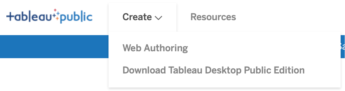 Shot of Tableau public, the Create dropdown, showing options