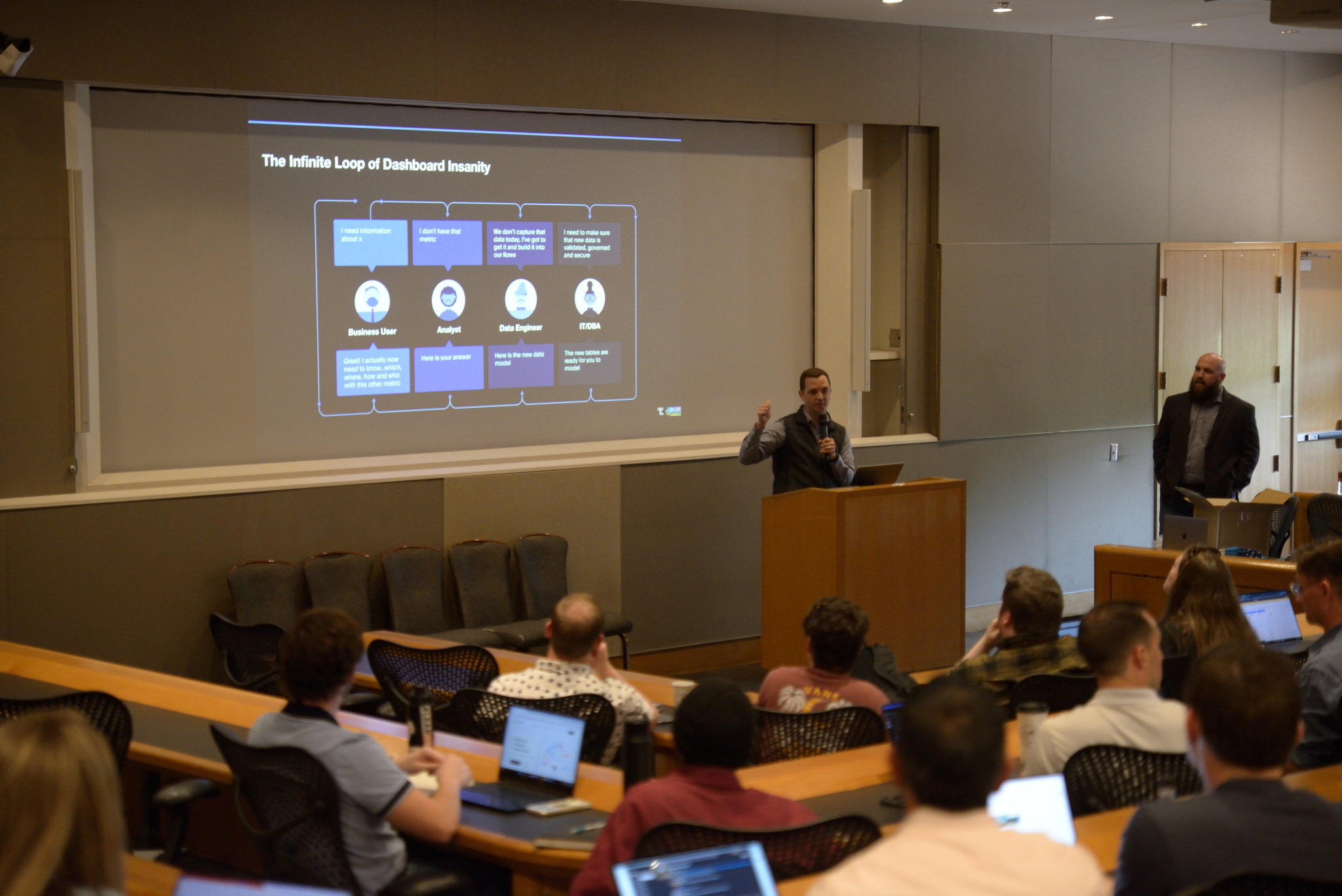 ThoughtSpot presenters in front of a powerpoint projected in a busy conference room