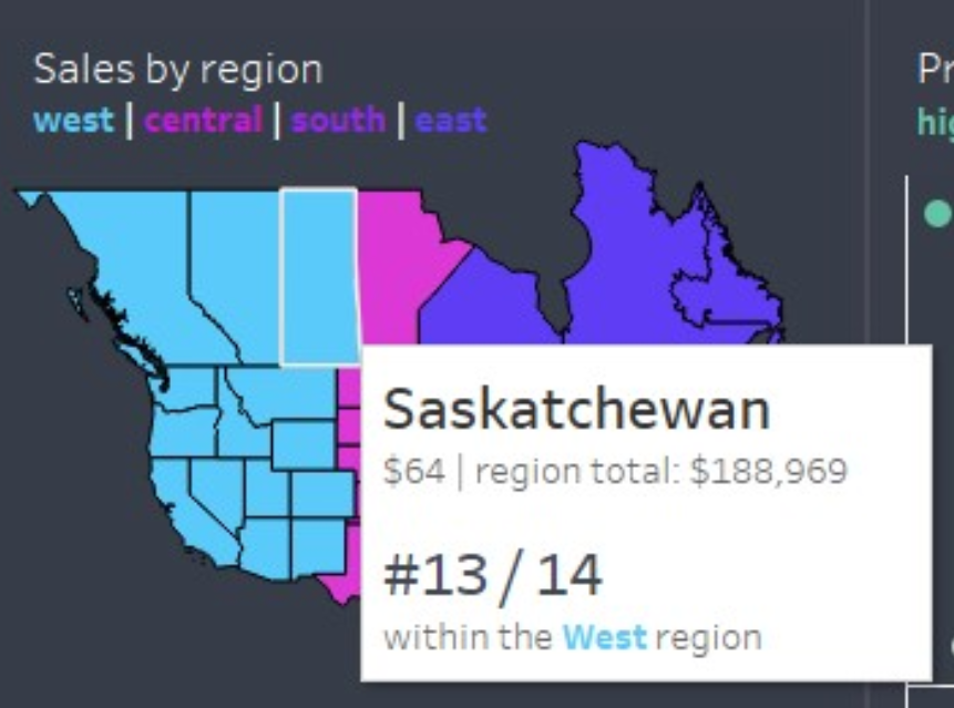 A tool tip on a dashboard showing region, rank in region, and income