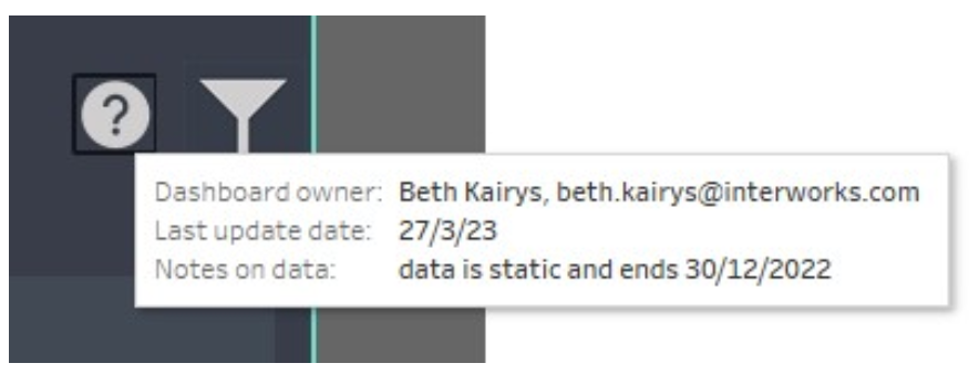 Tooltip showing dashboard owner, last update date, and notes on the data