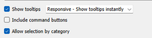 Options window showing "Include command buttons" option unchecked