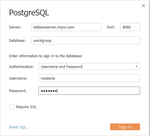 Login Screen showing PostgreSQL sign in boxes filled with sample data