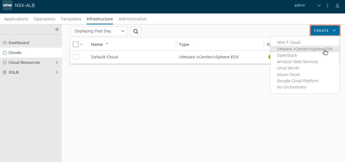 VMW view with Create dropdown, clicking VMware vCenter/vSphere ESX