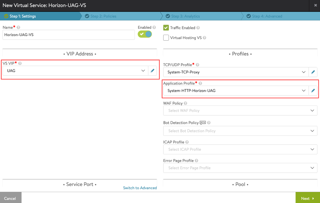 Settings: VS VIP is UAG, App profile is System-HTTP-Horizon-UAG