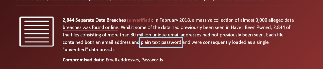 Text about data breaches of plain text passwords