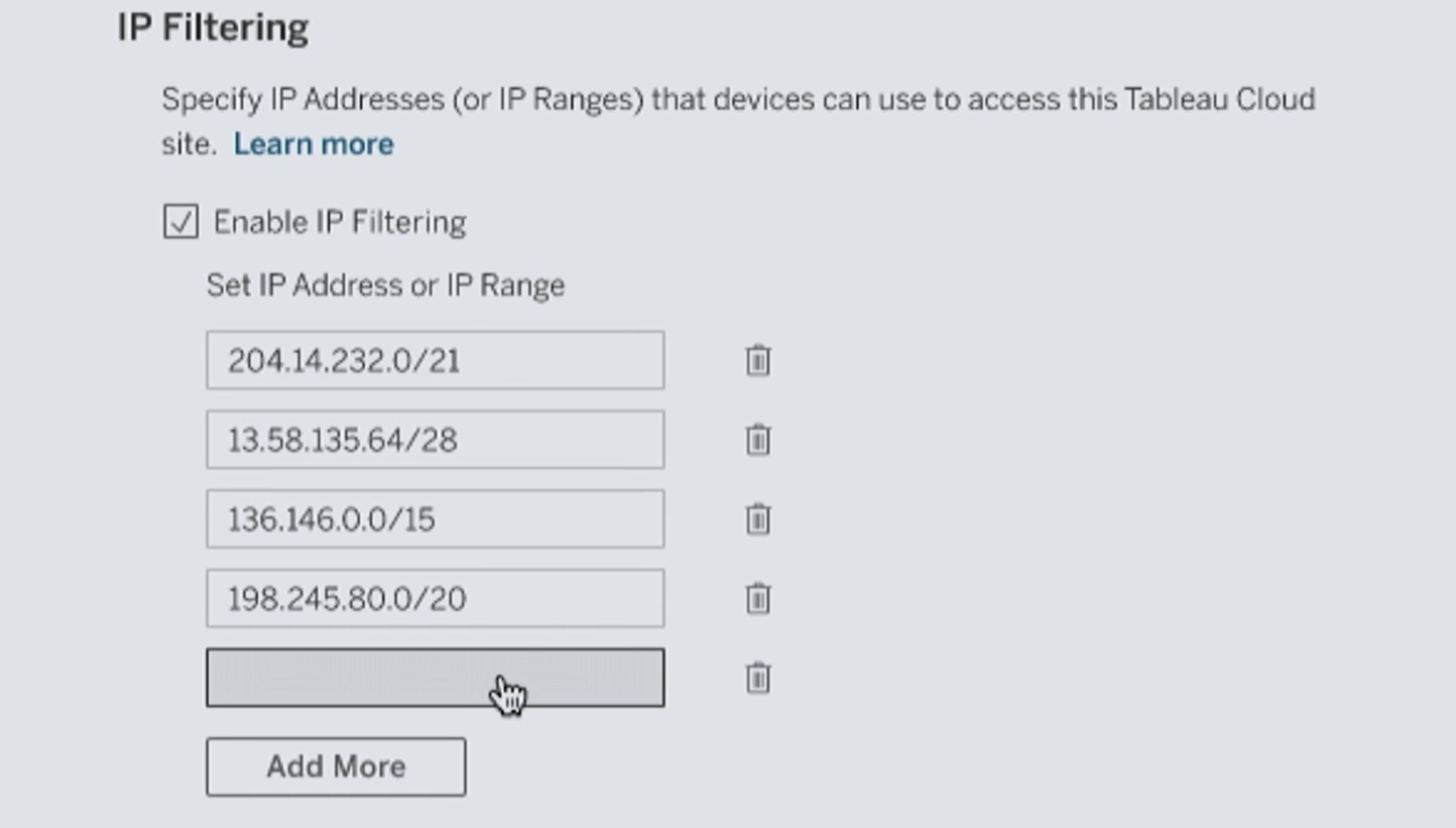 IP filtering settings page