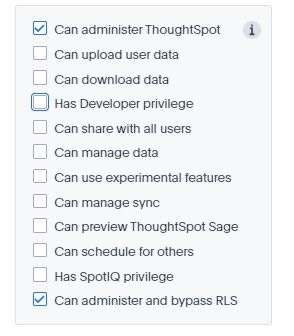 ThoughtSpot Admin panel with checked options mentioned above