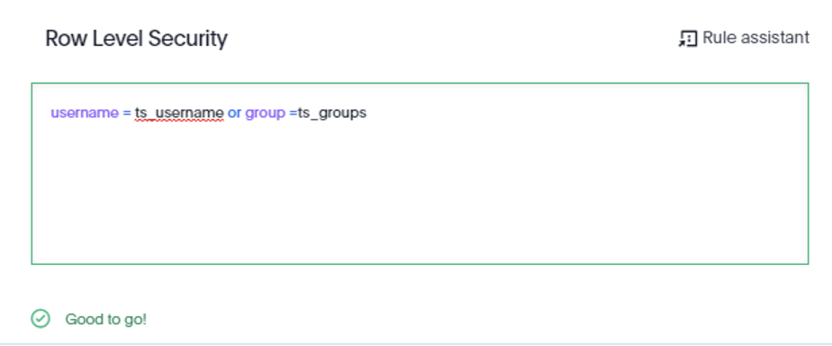 RLS pane with username=ts_username or group=ts_groups