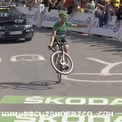 Peter Sagan popping a wheelie on his bike in the Tour de France and waving to the crowd