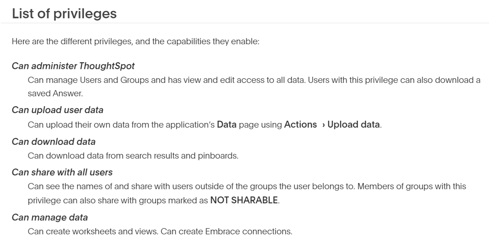 List of definitions of privileges for ThoughtSpot