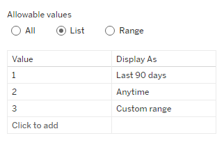 Setting allowable values to list and filling in