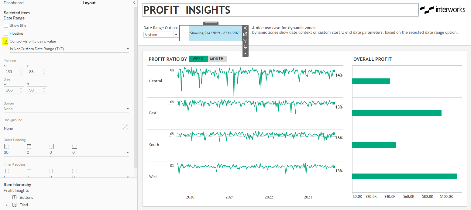 Sheet of date ranges on the dashboard