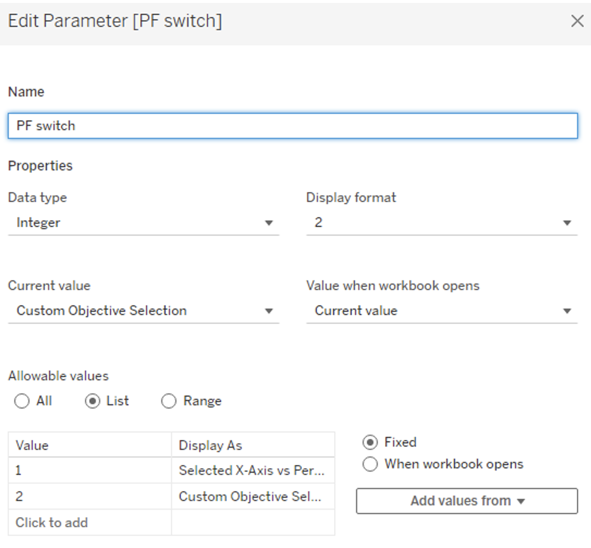 Edit Parameter [PF Switch] menu