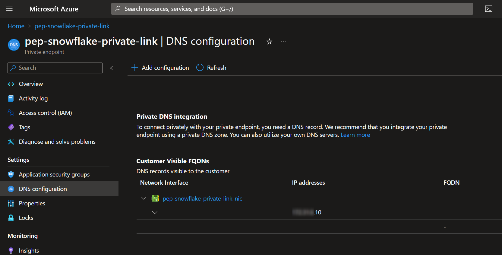 Azure private link DNS configuration