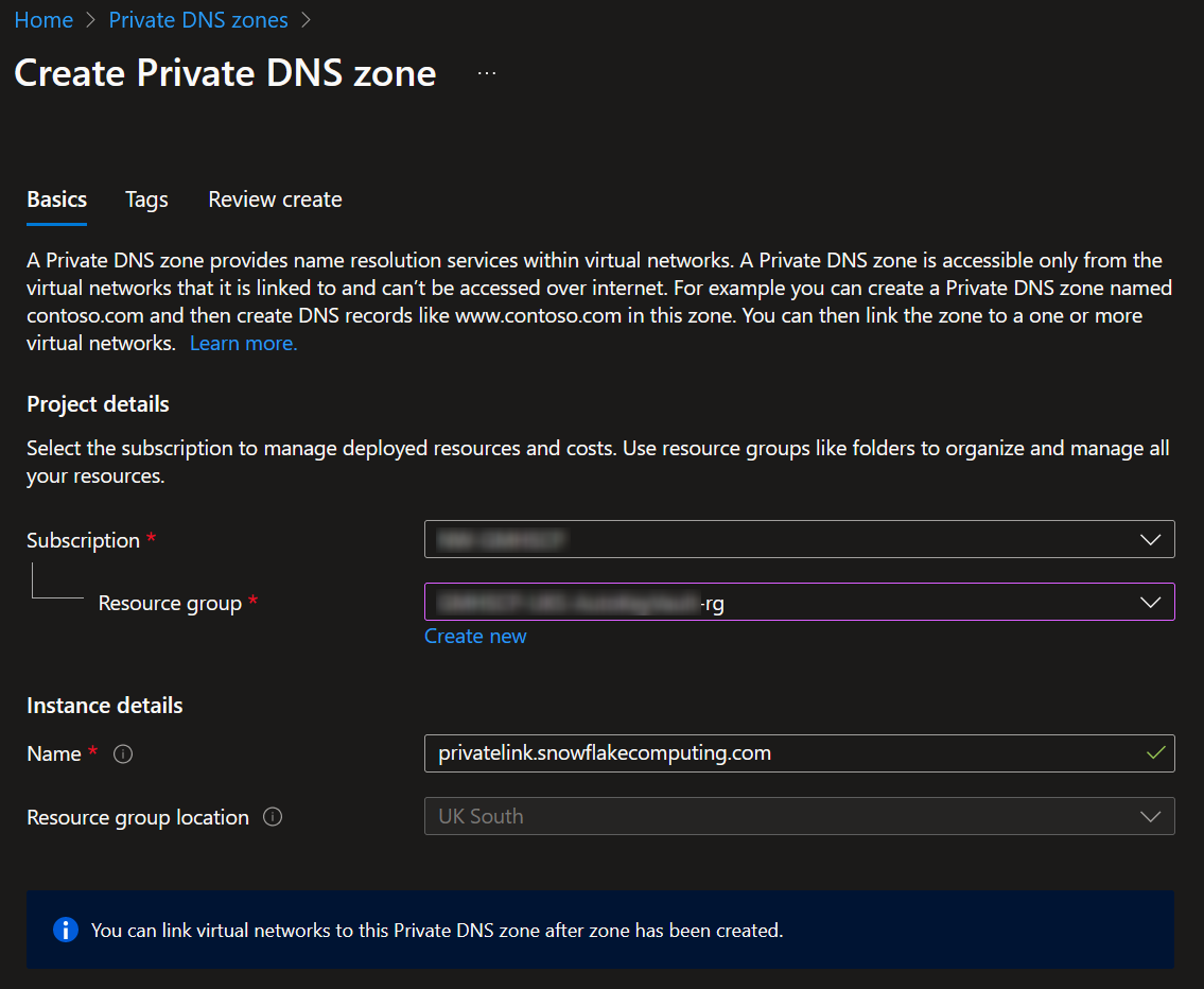 Create private DNS zone - Resource ID