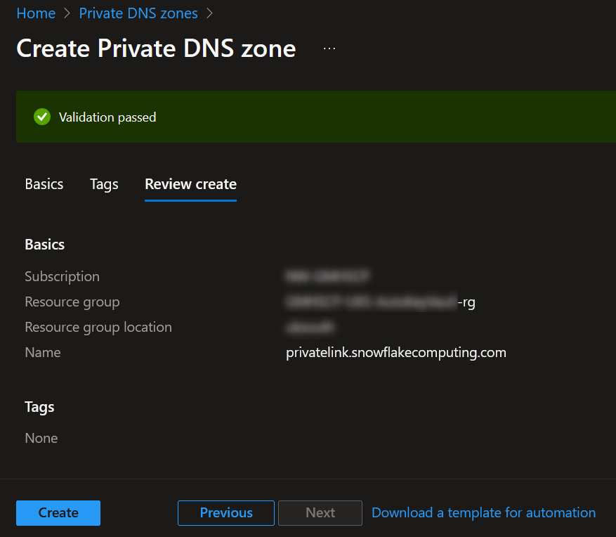 Create private DNS zone - Review