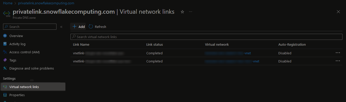 Azure virtual network links