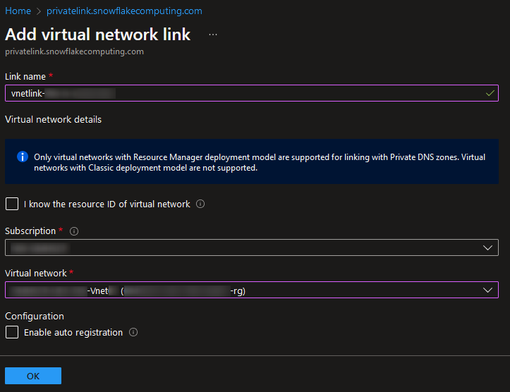 Azure add virtual network link