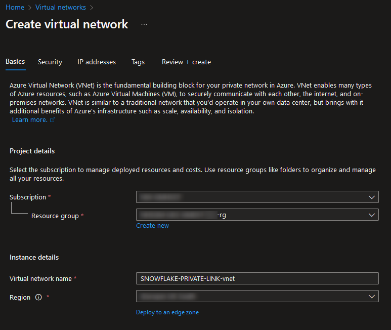 Create a virtual network - project details and instance details