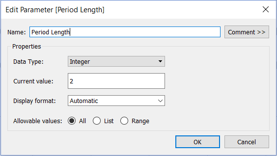 Tableau: Edit Parameter - Period Length