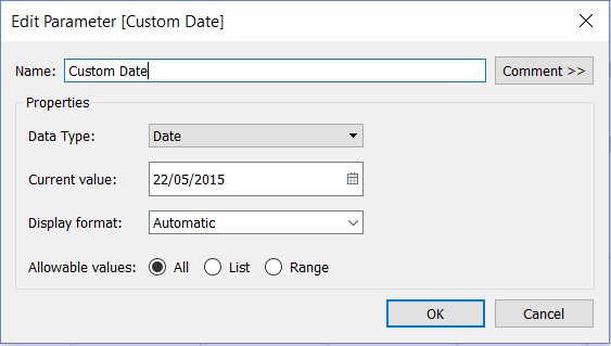 Tableau: Edit Parameter Custom Date