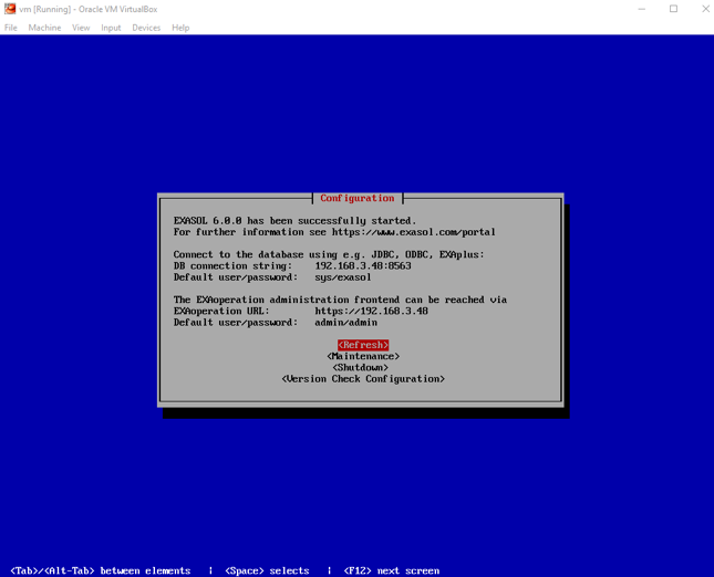 EXASOL server in Virtual Box